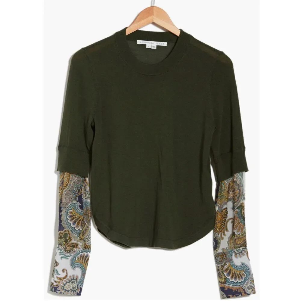 Veronica Beard Roscoe Mixed Media Sweater in Army Green NWT Size Small
